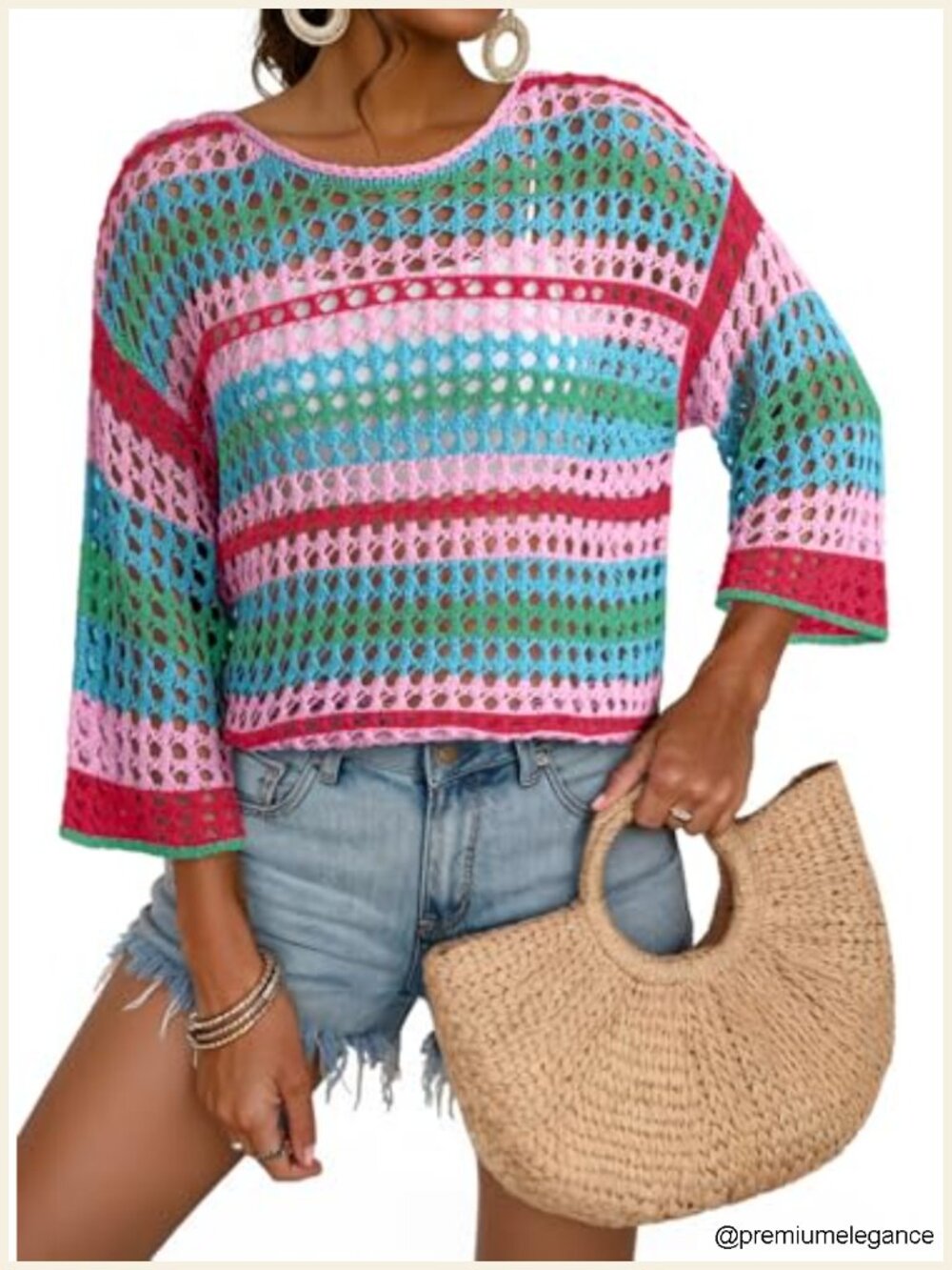 Women's 3/4 Sleeve Crochet Hollow Out Color Block Striped Pullover Sweater